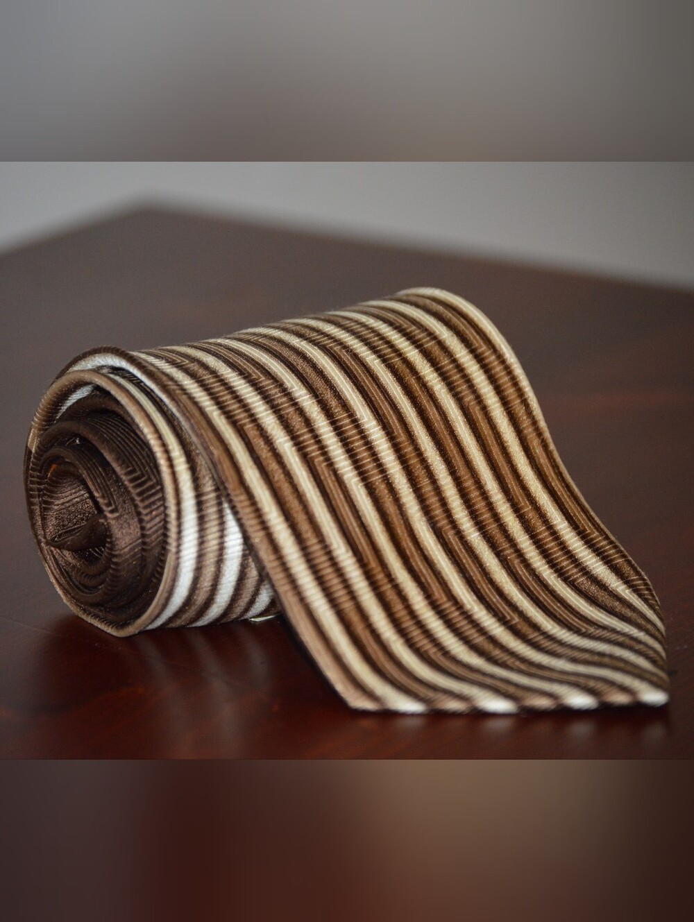 Gianno Striped Silk Blend Tie - Brown, Cream, Orange Geometric Design
